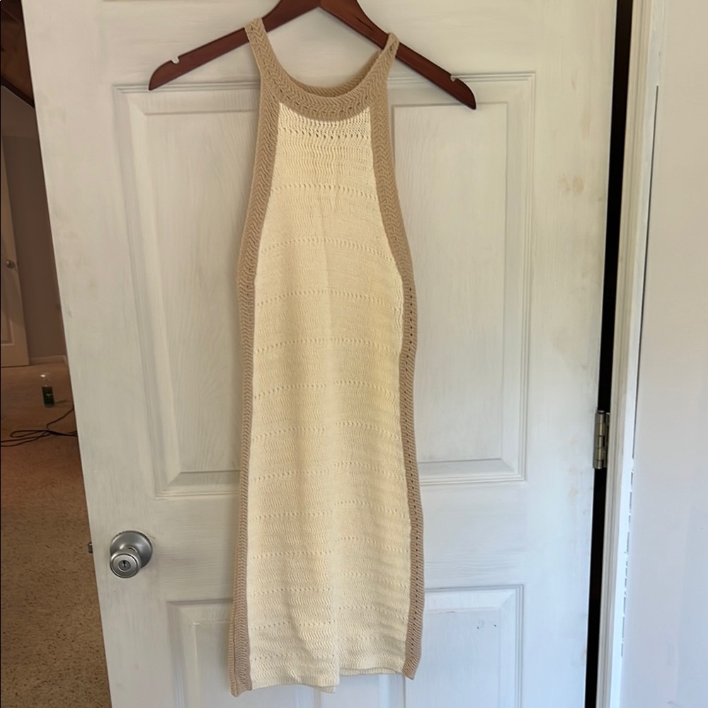 Elegant Cream Knit Dress with Tan Trim